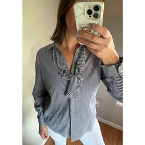 Paper White striped blue and white long sleeve ruffled bust top/blouse b…